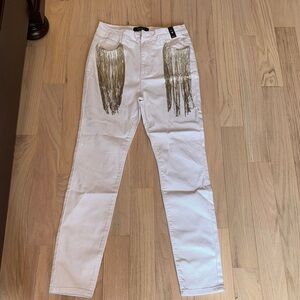 AKIRA White Pants with Metallic Fringe